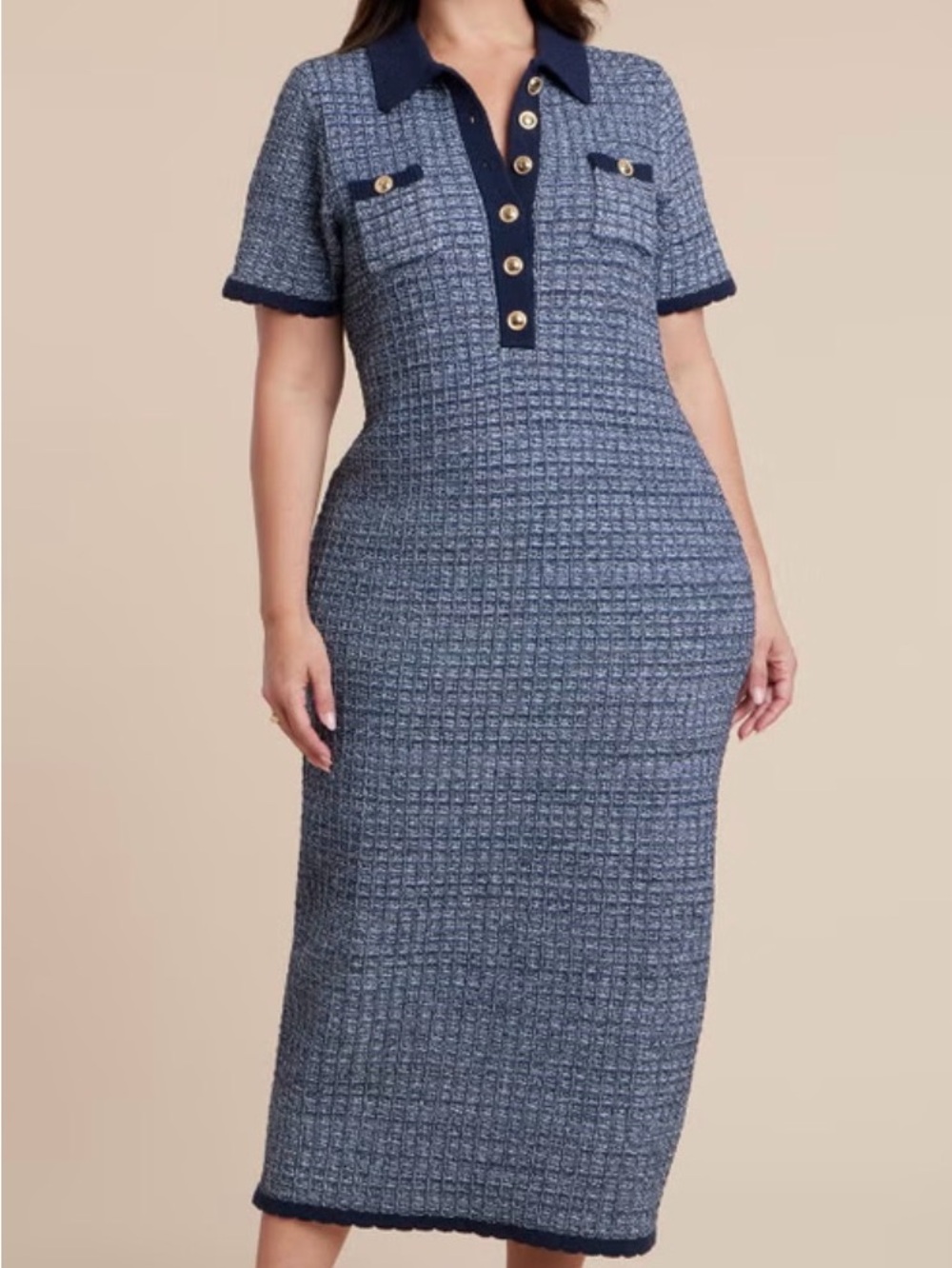 Eloquii Stitch Detail Sweater Dress | Classic Navy Tweed Polo Midi Dress